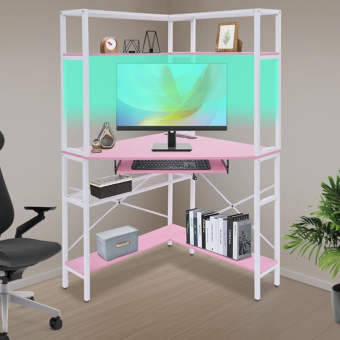 Corner Computer Desk Modern Laptop Desk w/Outlets &amp LED Light Triangle Table w/Storage Shelf Small Space for Home Office Student Dormitories Bedroom Game Room Study Room Workstation (Pink)