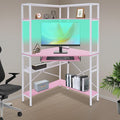 Corner Computer Desk Modern Laptop Desk w/Outlets &amp LED Light Triangle Table w/Storage Shelf Small Space for Home Office Student Dormitories Bedroom Game Room Study Room Workstation (Pink)
