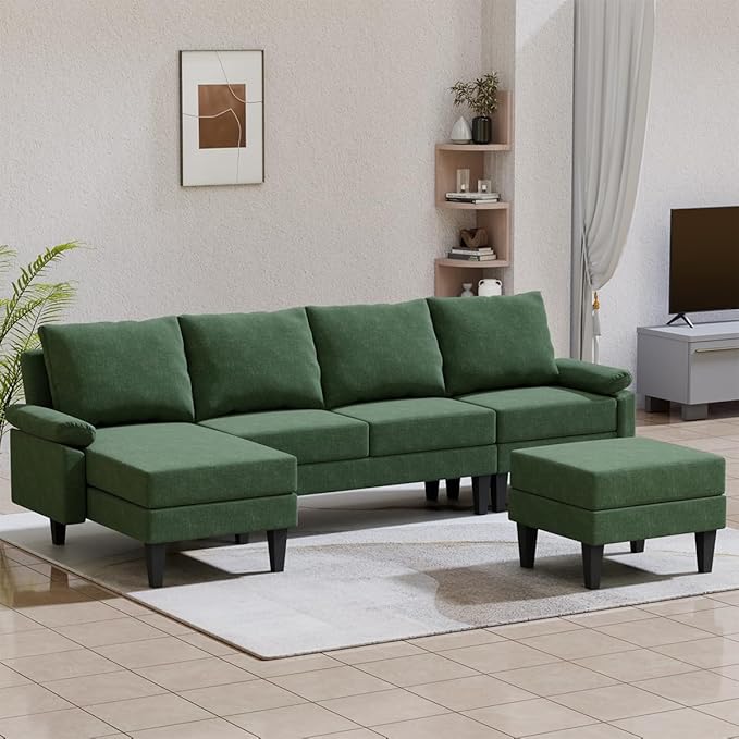 115 Inch Modular Sectional Sofa with Storage Ottoman Modern L-Shaped Sectional Couch with Chaise Chenille Couch for Living Room Apartment or Small Spaces Green