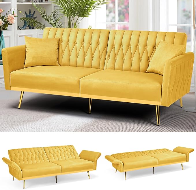 70” Velvet Futon Sofa Bed w/Adjustable Armrests &amp 2 Pillows Convertible Futon Couch w/Adjustable Backrests Modern Sleeper Bed for Living Room Bedroom Yellow