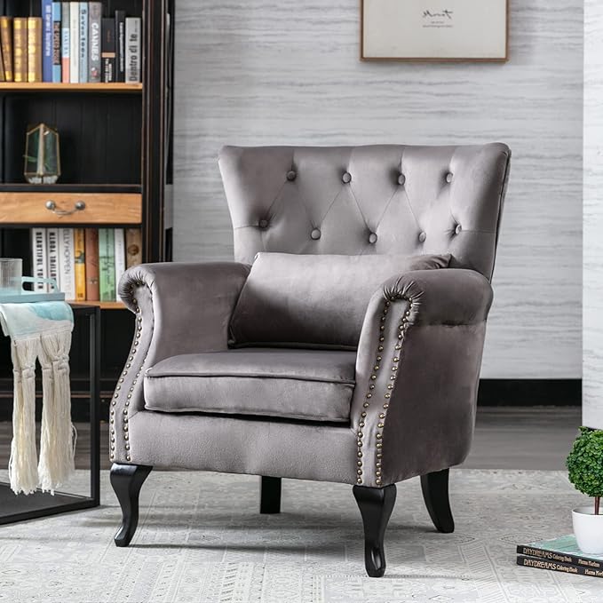 chairus Mid-Century Modern Accent Chair Comfy Tufted Single Sofa Chair Wingback Armchair with Pillow for Club Living Room Bedroom - Velvet Grey