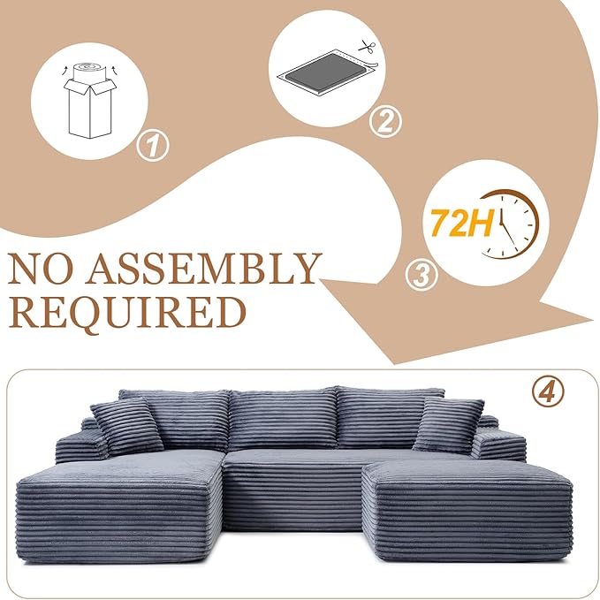 108 Cloud Modular Sectional Couch with Moveable Ottoman Modern Minimalist Upholstered Boneless Couch Deep Seat Corduroy Corner Couches (Gray Right Facing Chaise + Ottoman)