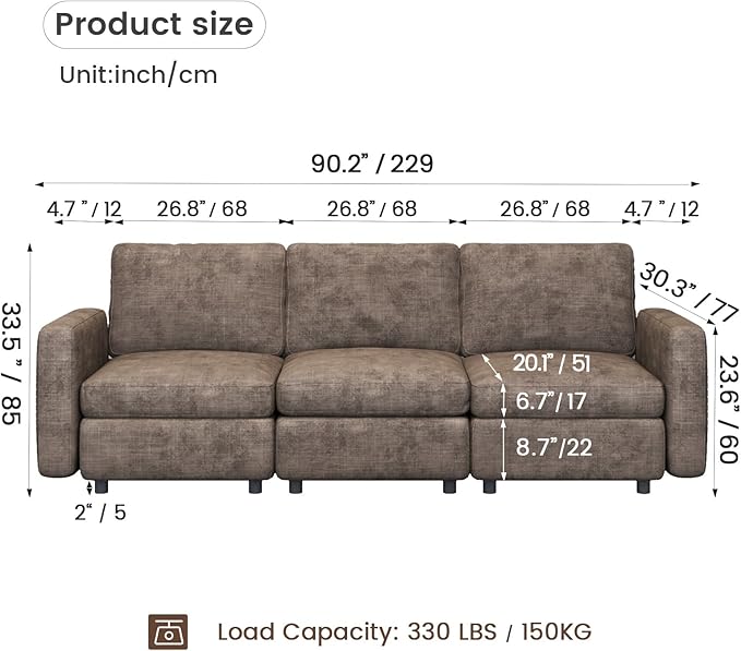 Modern Brown Modular Sofa with Deep Seating Soft Cushions Sectional Couch Available in Loveseat or Multi-Seat Options Minimalist Design for Office Living Room or Bedroom (3-Seater Sofa)