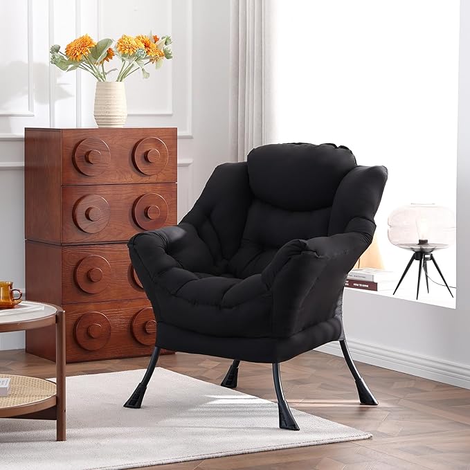 Welnow Lazy Chair for Living Room Modern Reading Accent Chair with Armrests and a Side Pocket Leisure Upholstered Lazy Sofa for Small Space Bedroom Dorm Black