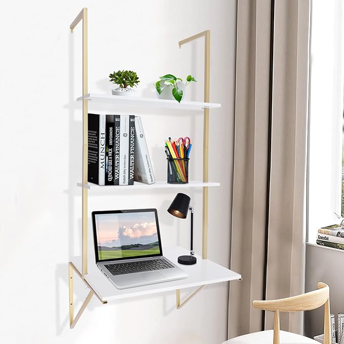 Wall Mounted Desk Floating Desk Shelf Wall Mounted Table with 3 Storage Shelves Space Saving Wall Mounted Laptop Computer Desks Ideal for Home Office Dormitory Small Spaces (White)