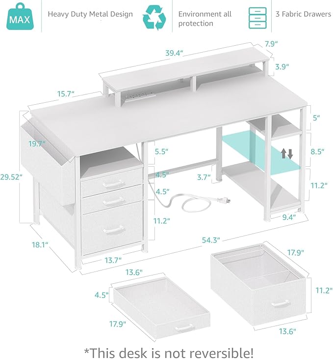 Lufeiya White Computer Desk with File Drawers Cabinet 55 Inch Home Office Desk with Monitor Stand Shelves Writing Study Gaming Desks with Led Lights and Power Outlets for Bedroom White