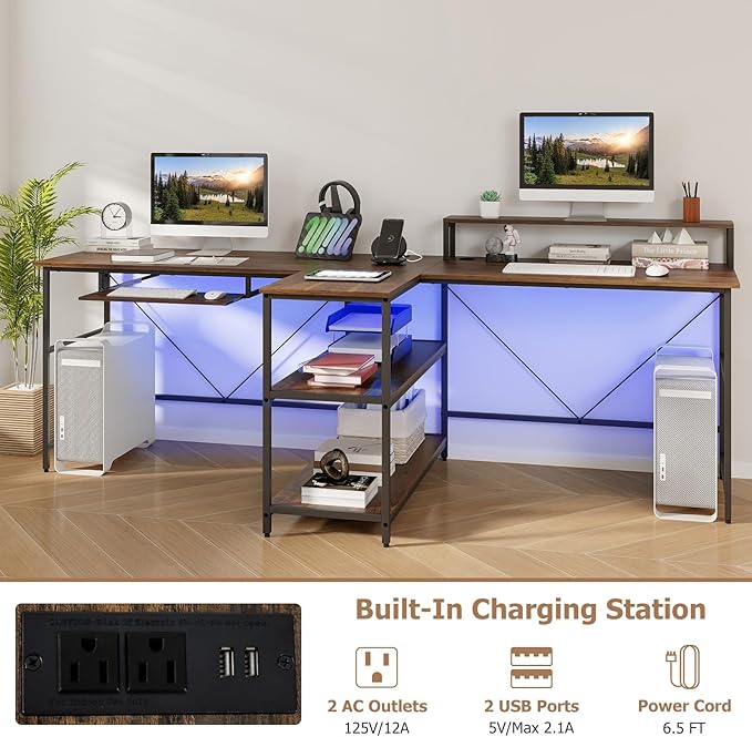 Giantex 94.5” 2 Person Desk with LED Lights Long PC Study Desk with Storage Shelves Power Outlets Keyboard Tray &amp Monitor Stand Double Computer Desk Workstation for Home Office (Rustic Brown)