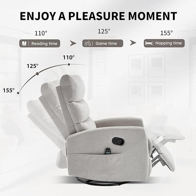 Massage Chair Recliner with Heat Swivel Rocking Chair Recliner with High Back Manual Lazy Boy Recliners for AdultsSmall Recliner Chair for Small Spaces Living Room Bedroom Fabric (Grey2)