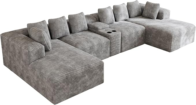 143 Oversized U Shaped Cloud Sectional Couches for Living Room Comfy Fluffy Corduroy Grey Boneless Couch Large Modular Sectional Sofa Set with Chaise Cup Holder USB Port Storage Console