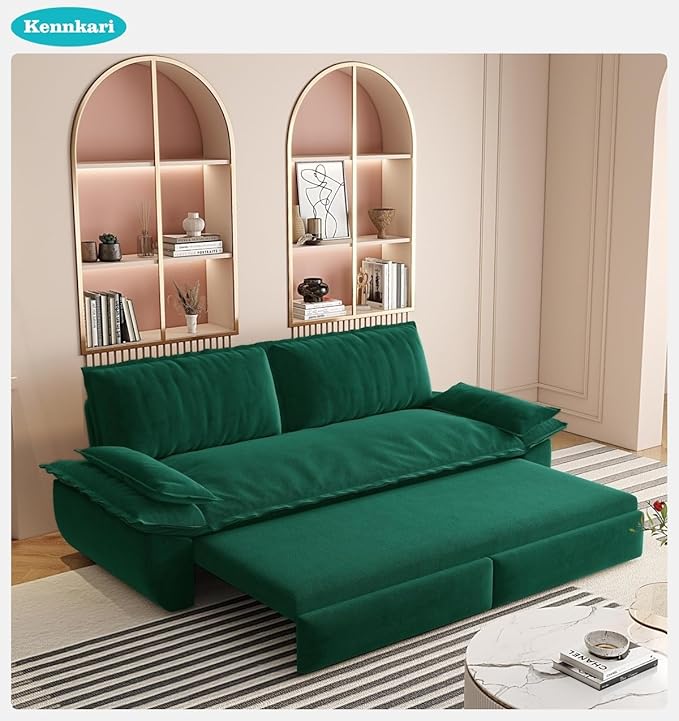 73.2 Queen Size 3-in-1 Convertible Pull Out Sofa Bed with Wheels Multi-Functional Velvet Loveseat Bed for Living Room and Bedroom (Green)