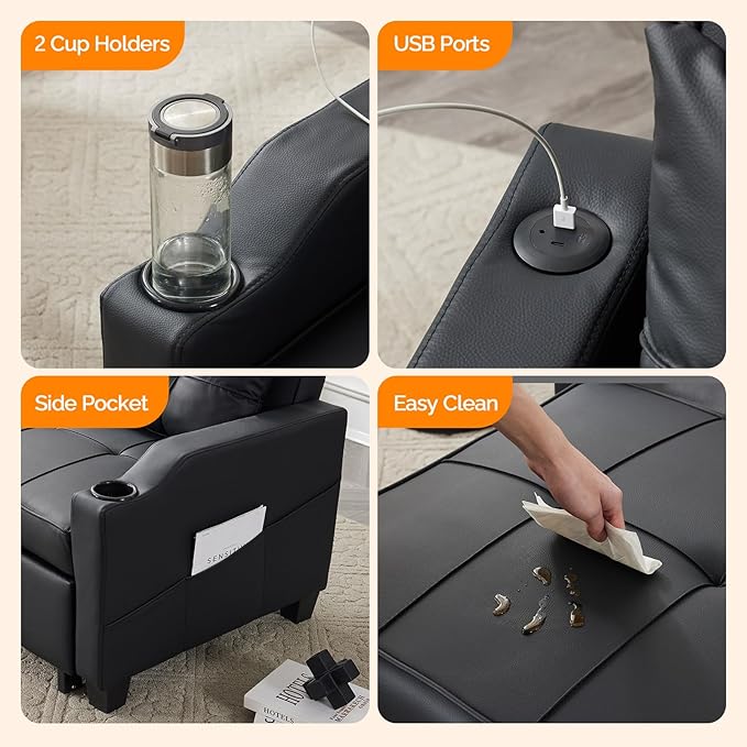 VINGLI Black Sleeper Chair Bed 3-in-1 Convertible Futon Sofa Bed Pull Out Couch Bed Adjustable Recliner Chair with USB Ports Cup Holders Side Pockets for Living Room Bedroom Small Spaces