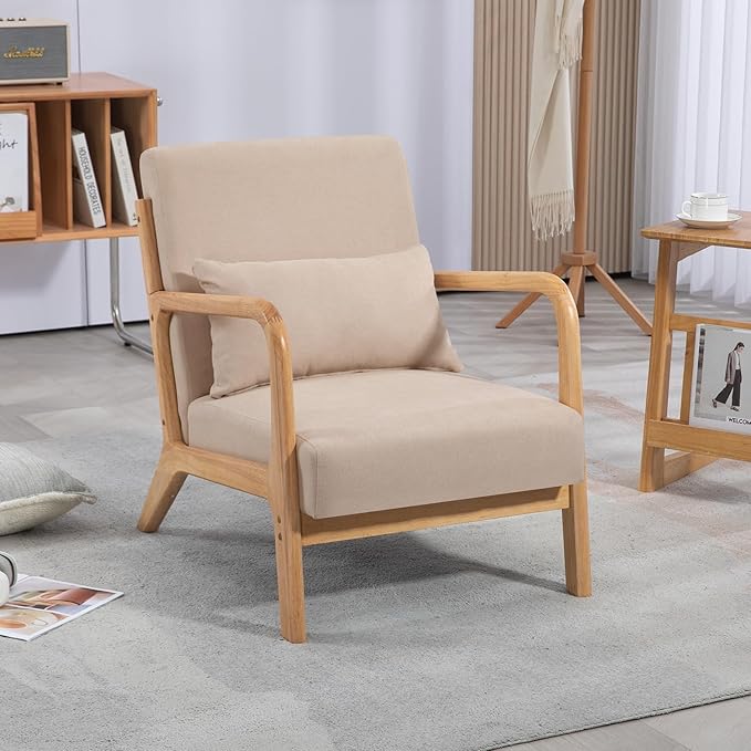 Mid-Century Modern Linen Accent Chair Solid Wood Armrests and Legs Solid &amp Comfortable Seating for Living Room