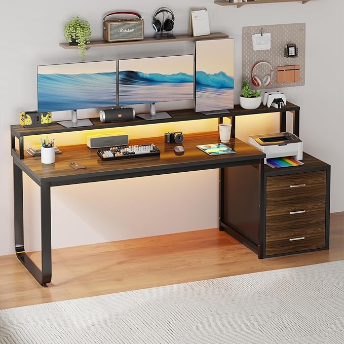 HOMBCK 67 Computer Desk with 3 Drawers Home Office Desk with Long Monitor Stand and Printer Space Office Desk with Storage &amp LED Lights Writing Desk with Drawers Black and Walnut