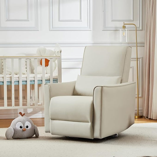IDEALHOUSE 360° Swivel Glider ChairUpholstered Fabric Glider ReclinerErgonomic Single Sofa ArmchairFaux Leather Manual Glider for Living Room Bedroom Nursing Use(Beige)