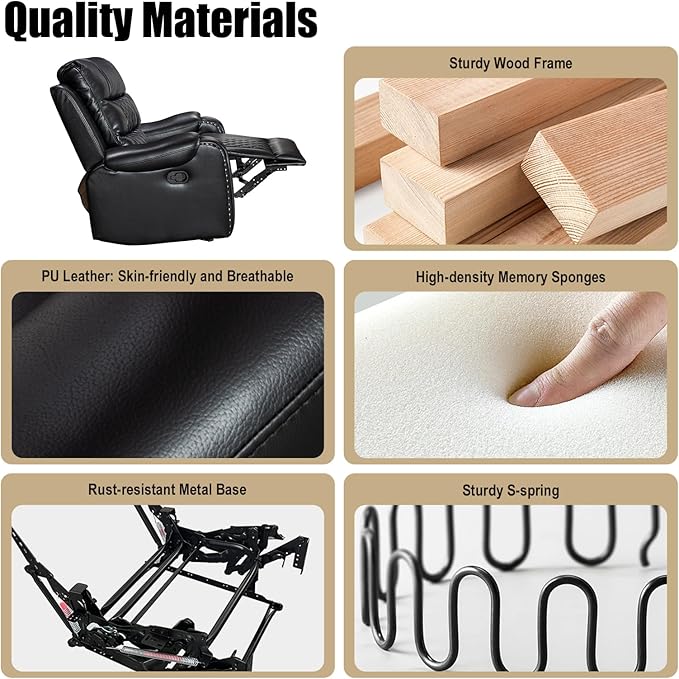 Manual Rocking Recliner Chair 36 Wide Black PU Leather with Diamond Stitching 350 lbs Capacity 90-165° Recline (Black)