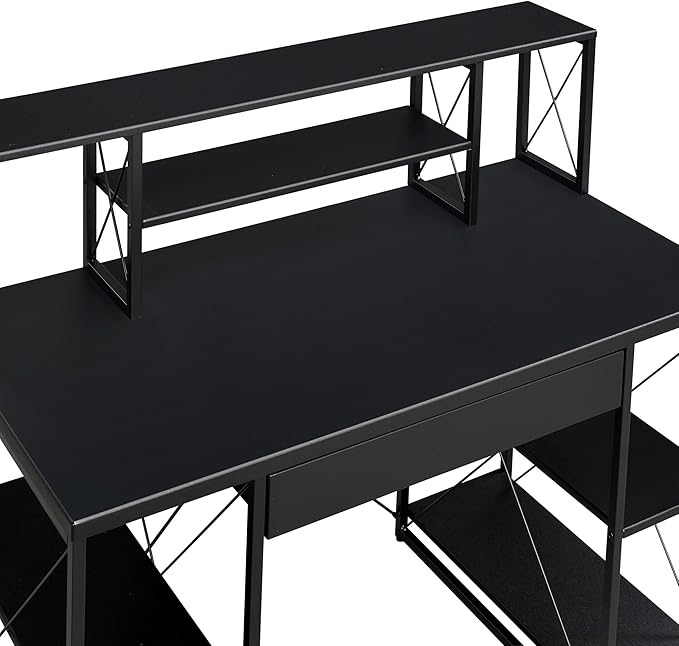 Penau Black Office Desk with Open Shelves and Hutch Writing Desk with Metal Frame Sturdy Surface for Studio Equipment 1 Drawer 8 Open Compartments