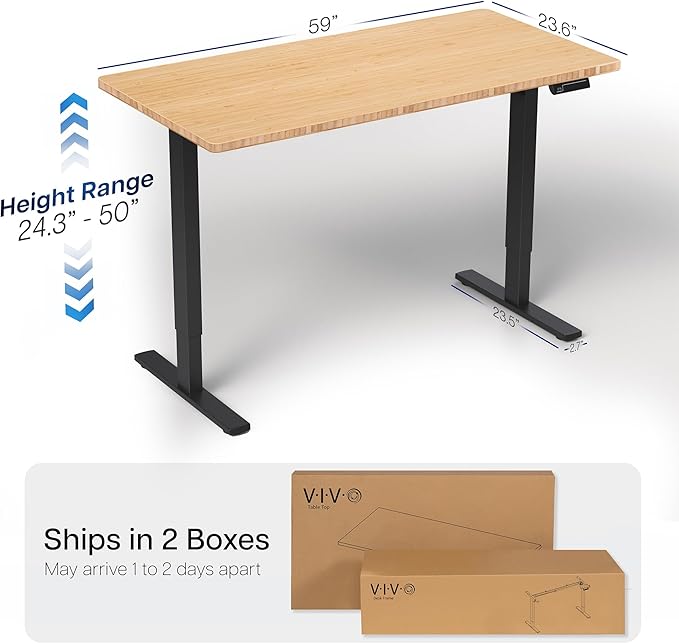 VIVO Electric 60 x 24 in Dual Motor Sit Stand Desk Memory Height Adjustment 2B Series Bamboo Top Black Frame DESK-KIT-2B6O