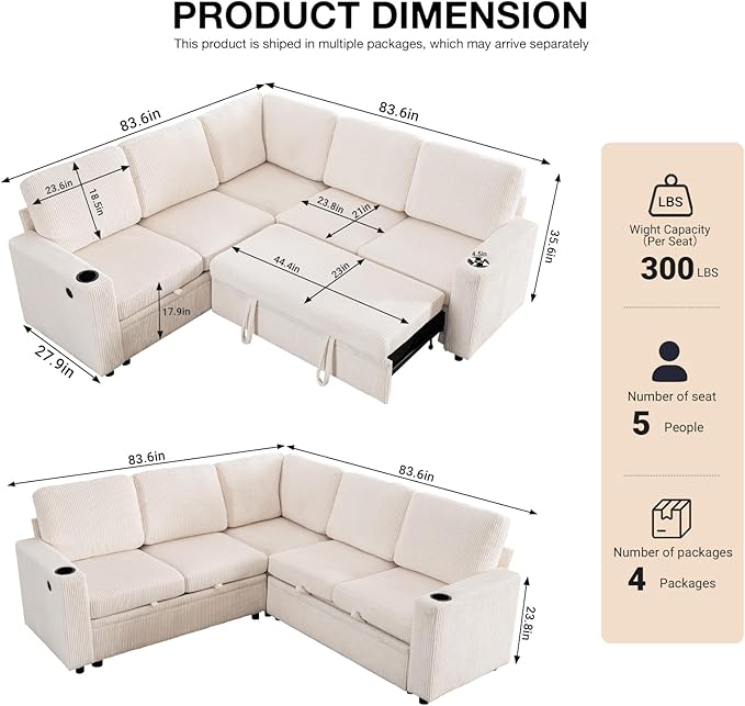 83 Sleeper Couch with Pull Out Sofa Bed 5-Seater Sectional Couches for Living Room L-Shaped Couch with Storage USB Port &amp Cup Holder Corduroy Convertible Corner Sofa for Apartment