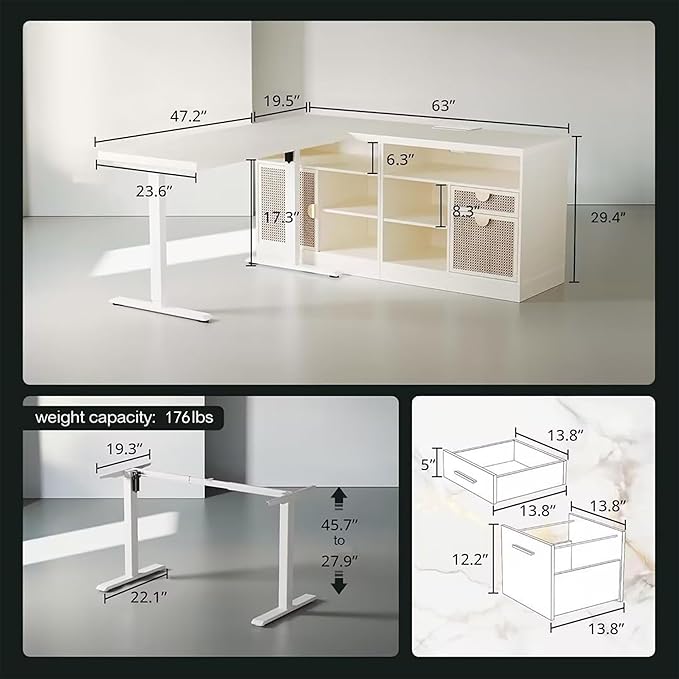67 L Shaped Standing Desk with Drawers and File Cabinet AC/USB 1.18 Desktop Height Adjustable Wood Desk Electric Desk with Multiple Functions for Home and Office White Rattan