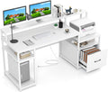 COSTWAY 66-inch Computer Desk with Power Outlet Office Desk with Monitor Stand Printer Shelf File Drawer CPU Stand Modern Home Office Desk Computer Workstation White