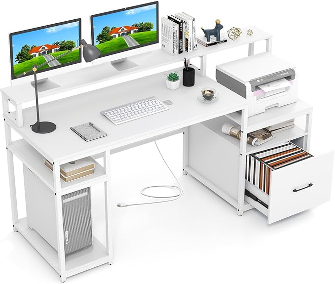 COSTWAY 66-inch Computer Desk with Power Outlet Office Desk with Monitor Stand Printer Shelf File Drawer CPU Stand Modern Home Office Desk Computer Workstation White