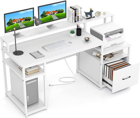 COSTWAY 66-inch Computer Desk with Power Outlet Office Desk with Monitor Stand Printer Shelf File Drawer CPU Stand Modern Home Office Desk Computer Workstation White