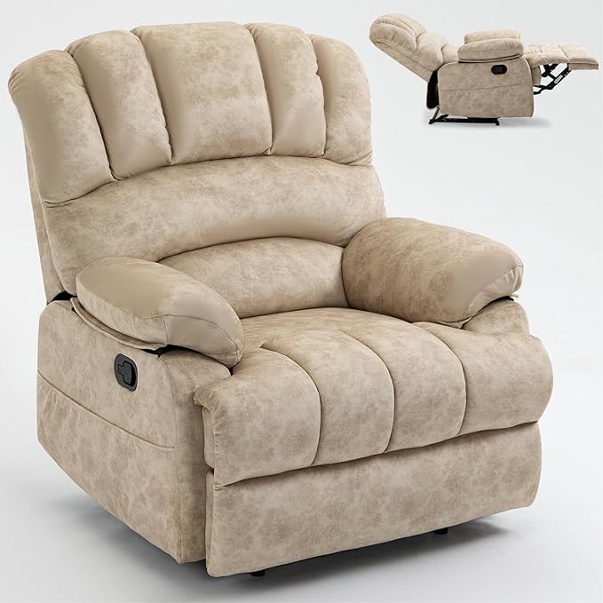 Manual Recliner Chair with Adjustable Recline for Living Room Oversized Lazyboy Recliner Chairs with Overstuffed Arm &amp Back Comfy Soft Fabric Lounge Single Sofa for Adults (Beige)