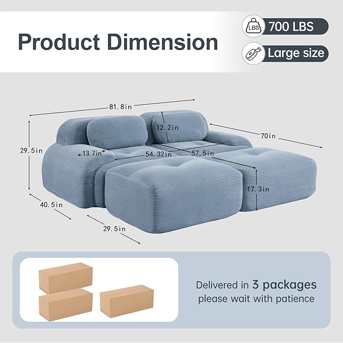 81.8 Sleeper Sofa Cloud Couch Modular Sectional Sofa - Boneless Deep Seat 2-Seater with 2 Movable Ottomans No Assembly Corduroy Upholstery Couches for Living Room (Blue)