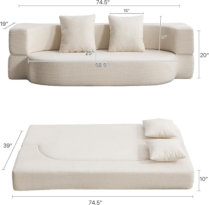 Folding Sofa Bed Convertible Futon Sleeper Bed 2-in-1 Foldable Floor Mattress with 2 Pillows Breathable High-Density Foam Lazy Couch Comfy Lounge Chair Twin Size Beige