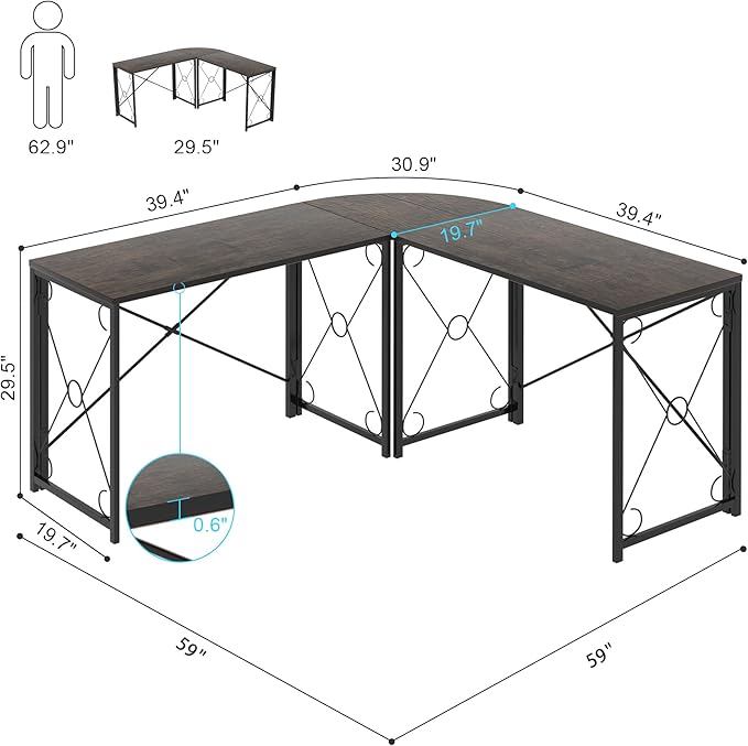 VECELO 59 L Shaped Computer Desk Corner Computer Desk Sturdy Home Office Computer Table for Small Space Writing Desk Larger Gaming Desk WorkstationGray