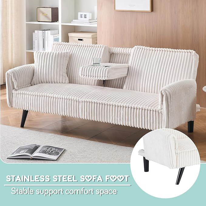 Futon Sofa Bed Modern Folding Couch for Small Space 72'' Corduroy Convertible Loveseat Sleeper Bed Daybed Recliner Lounge Sofas for Living Room2 Cup HoldersMetal LegsRemovable Armrests (White I)