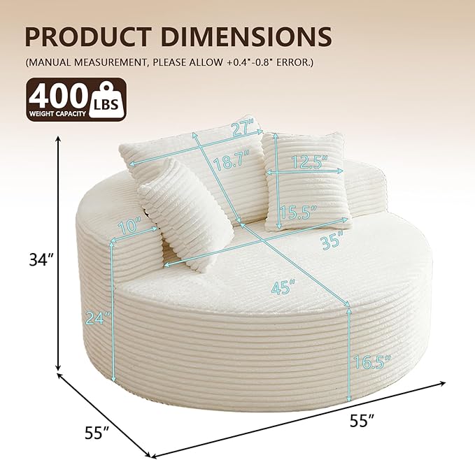 55'' Oversized Round Chair Lounge Chaise Indoor Cloud Boneless Large Circle Chair with Plush Corduroy No Assembly Required Fluffy Modern Sleeper Sofa Bed for Reading Living Room Bedroom(White)