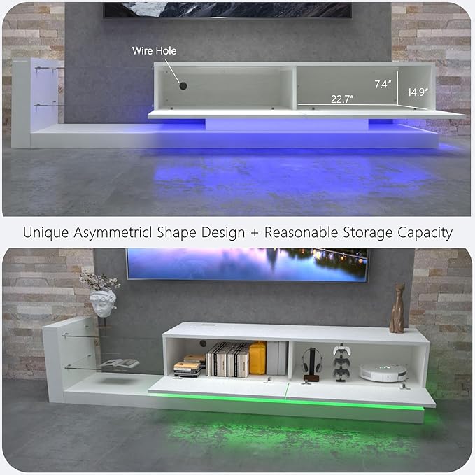 LED TV Stand for 55 65 75 Inch TV Entertainment Center Equipped with Two Pull-Down Door Storage 50 60 70 Inch TV Console with Tempered Glass and Power Cord for Living Room White