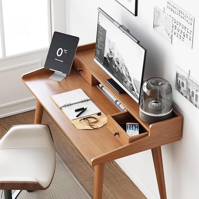 Mid Century Modern Desk 41 Wood Home Office Writing Computer or Laptop Desk with Monitor Stand Riser and Open Storage Cubby Vanity Desk with 2 Drawers