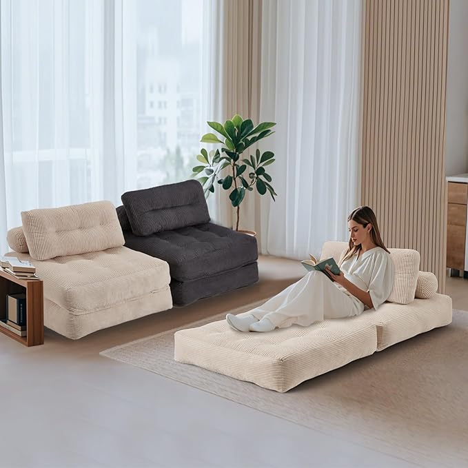 MELLCOM Foldable Sofa Bed - Adjustable Convertible Chair Tufted Sleeper Couch Portable Folding Lounge Sofa Foam-Filled Pull-Out SofaBed for Living Room Bedroom Cream White
