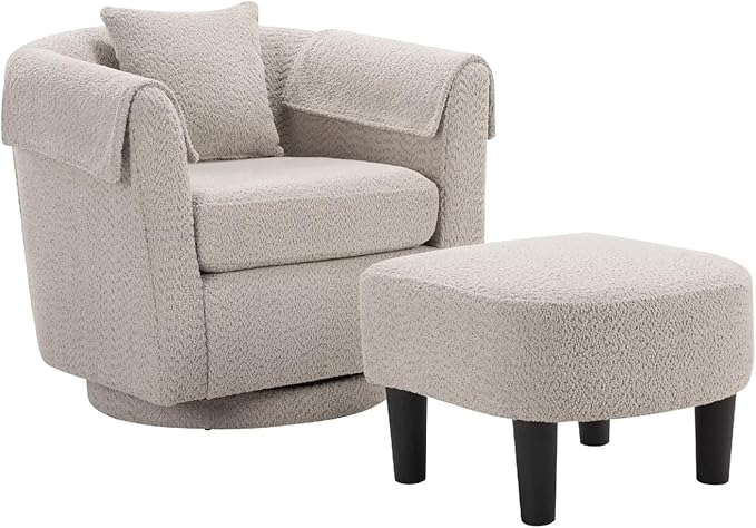 Swivel Accent Chair with Ottoman Modern Chenille Comfortable Bucket Chair with Removable Pillow Small Couch Barrel Armchair for Small Spaces Living Room Bedroom Office (Gray)