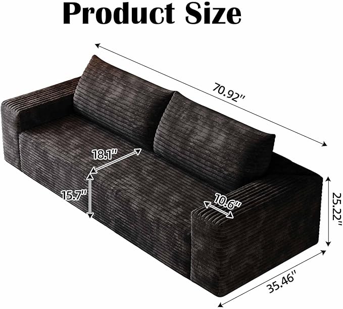 71 Corduroy Couch in a Box Cloud Loveseat Sofa with 2 Cushions Boneless Couches for Living Room Bedroom Small Space Compressed Deep Seat Memory Foam No Assembly (Black 71)