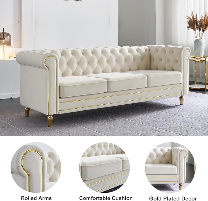Homtique 84 Modern Sofa Couch for Living Room 3 Seater Couch Comfy Velvet Sofa Button Tufted Rolled Arms and Gold Legs Chesterfield for Home Studio/Office Bedroom Beige