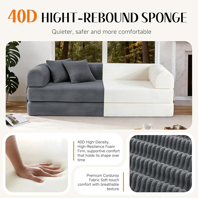 79 Corduroy Sofa Bed Boneless Couch in a Box with 2 Pillows High-Density Foam 4-in-1 Foldable Sleeper Futon Loveseat for Small Spaces No Assembly Side Pockets Dark Grey