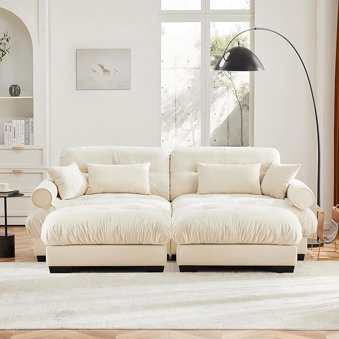 Oversized Modular Velvet Sectional Cloud Sofa Couch with Movable OttomanCorner Sofa with Comfortable Armrests Deep Seat Convertible L or U Shaped Couch (Beige 2 Seat +2 Ottoman)