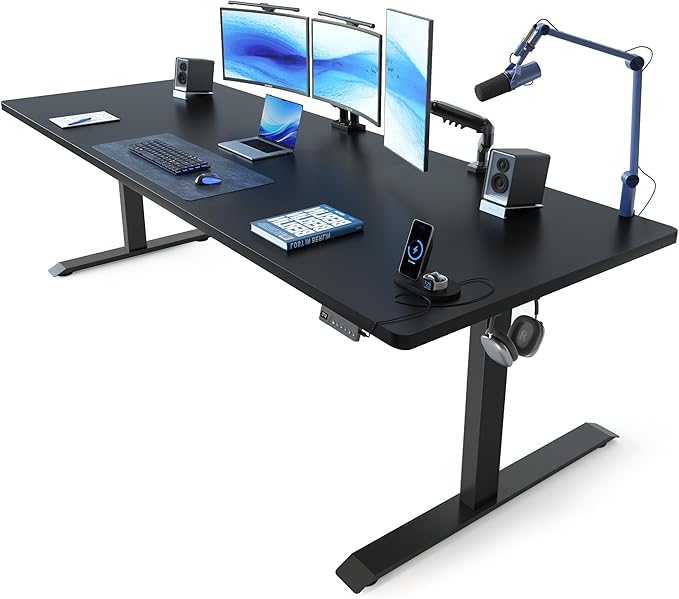 FEZIBO 83 x 37 Inch Standing Desk with Integrated Dual-Beam Height Adjustable Computer Desk Sit Stand Desk for Home Office Workstation 1 Thick Large 3-Piece Desktop Black