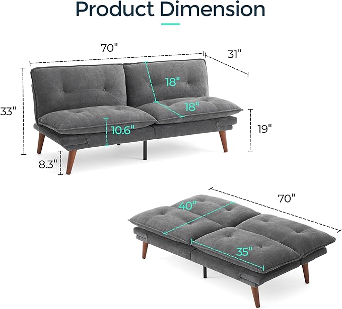 LINSY HOME Futon Sofa Bed 70 Futon Couch with Adjustable Backrest and Armrest Comfy Loveseat Convertible Folding Sleeper Sofa Couches for Small Spaces Living Rooms Apartment Office Grey