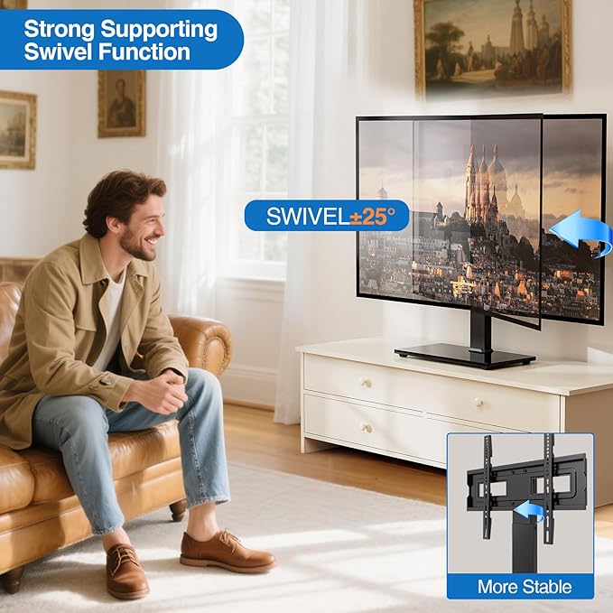 Universal Swivel TV Stand Base for 32-75 Inch TVs Height Adjustable Table Top TV Stand with Tilt Mount Holds up to 110 lbs Heavy Duty Temper Glass Base Max VESA 400x400mm