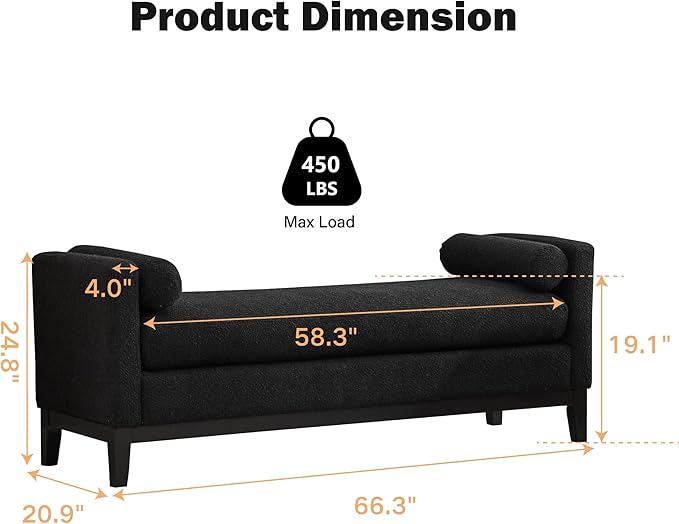 Chifee &amp Vingol 66 End of Bed Bench King Size Upholstered Boucle Bench for Bedroom Entryway Black