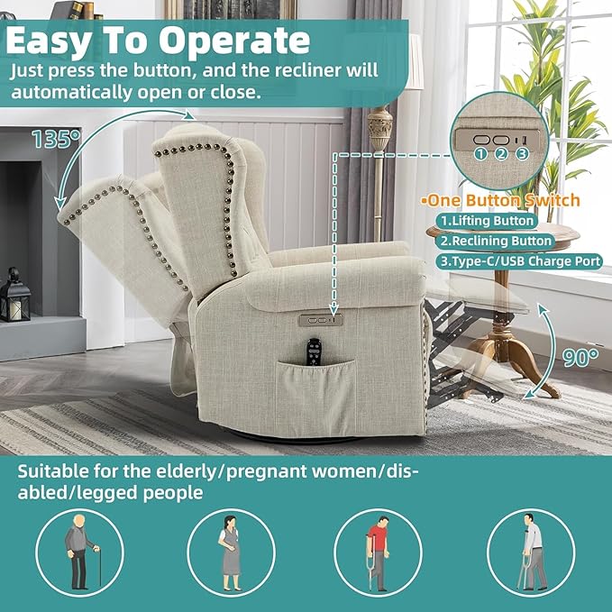 MEETWARM Power Swivel Rocking Glider Recliner Chair with Heat and Vibration Electric Rocker Nursery Reclining Chair Wingback Tufted Upholstered Recliner w/Type-C &amp USB Ports for Living Room (Bei
