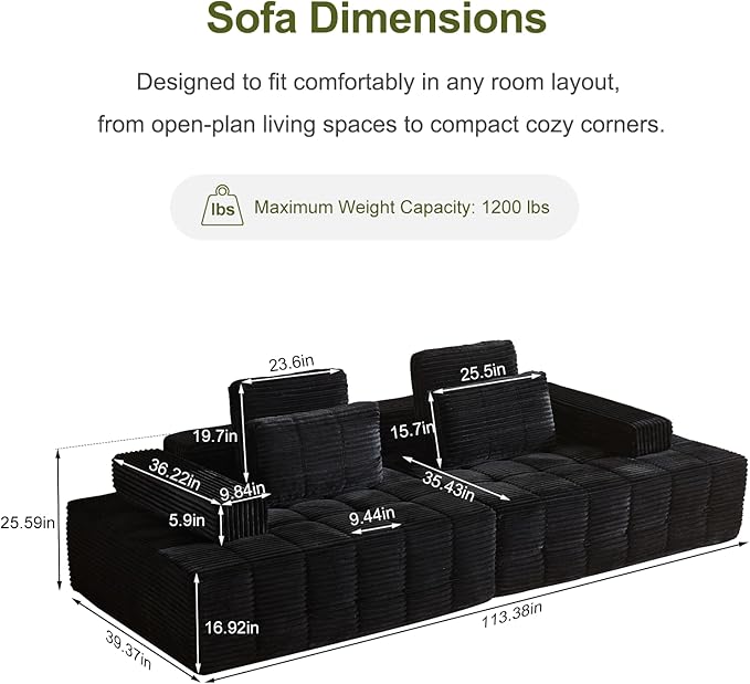 113 Modular Boneless Couch with 2 Movable Armrests Plush Corduroy Sectional Sofa Loveseat Ergonomic Memory Foam Straight-Row Cloud Couch for Living Room Bedroom Lounge Black
