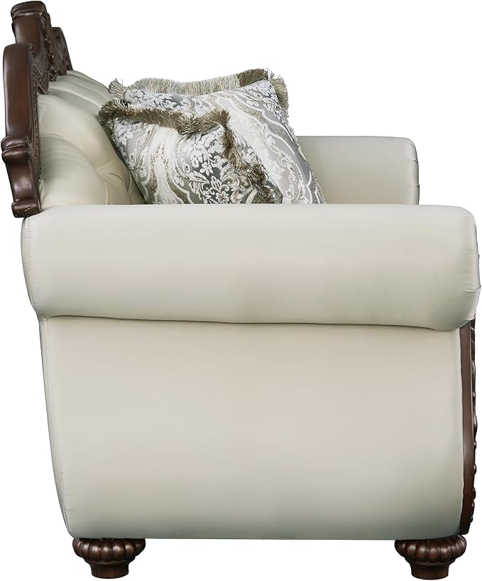 Acme Pierce Fabric Upholstered Armrest Loveseat with 3 Pillows in Beige &amp Cherry