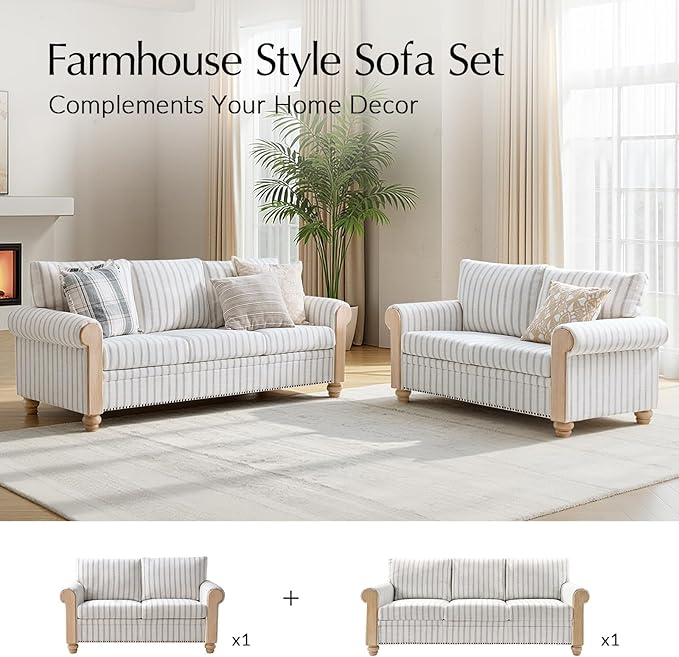 HULALA HOME 81 Farmhouse Couch with Stripe Pattern 3 Seater Sofa with Solid Wood Legs and Rolled Wide Armrests Comfy Upholstered Sofa with Nailhead Trims FSC Certified Stripe