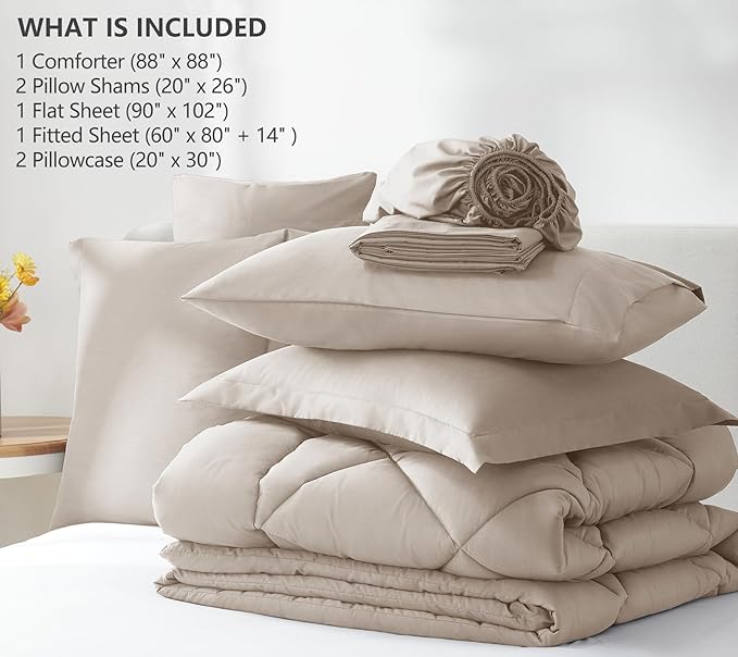 CozyLux Queen Comforter Set Linen - Bed in a Bag Queen Size 7 Pieces Luxury Soft Bed Set for All Seasons Bedding Set with Down Alternative Comforter Sheets Pillowcases &amp Shams