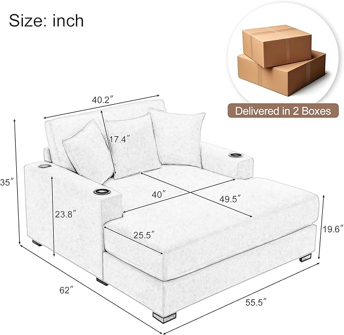 Modern Indoor 55 Oversized Chaise Lounger Chenille Fabric Sofa Couch with Pillows Armrest Cup Holders Removable Washable Covers Reclining Sleeper Chair for Living RoomOffice (Cream55)